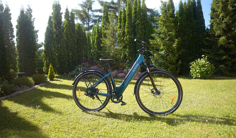 Le vélo électrique Fiido C11 dans un jardin ensoleillé.