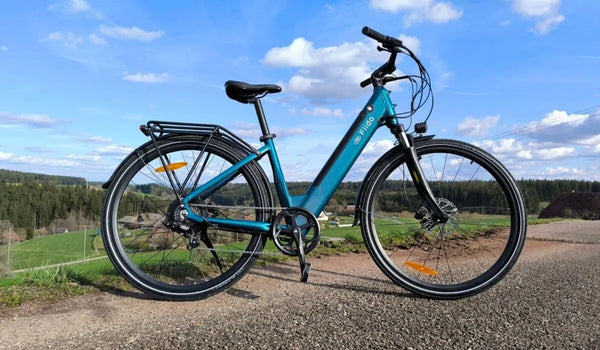 Un vélo électrique FIIDO C11 est temporairement garé dans les montagnes et les champs.