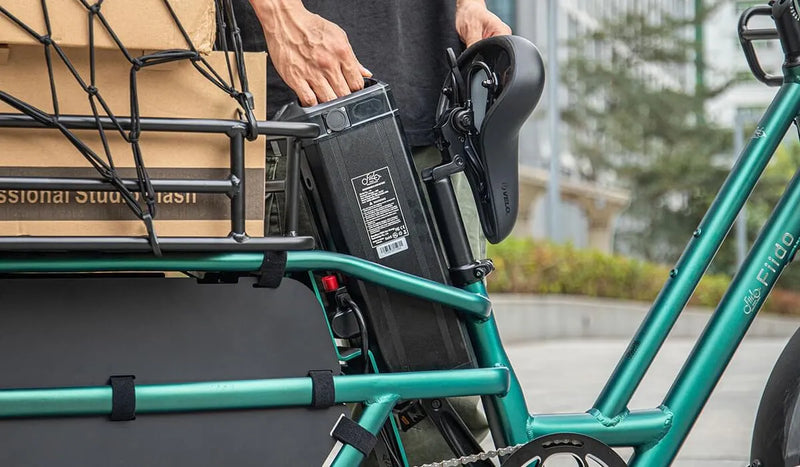 Un homme se prépare à entretenir la batterie d'un vélo électrique Fiido T2.