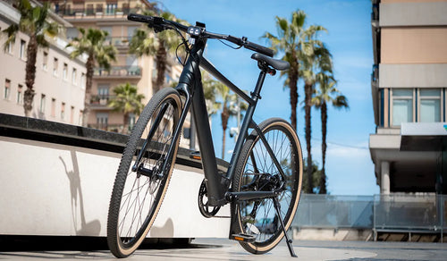 Un vélo électrique Fiido C21 est stationné temporairement sur le bord de la route