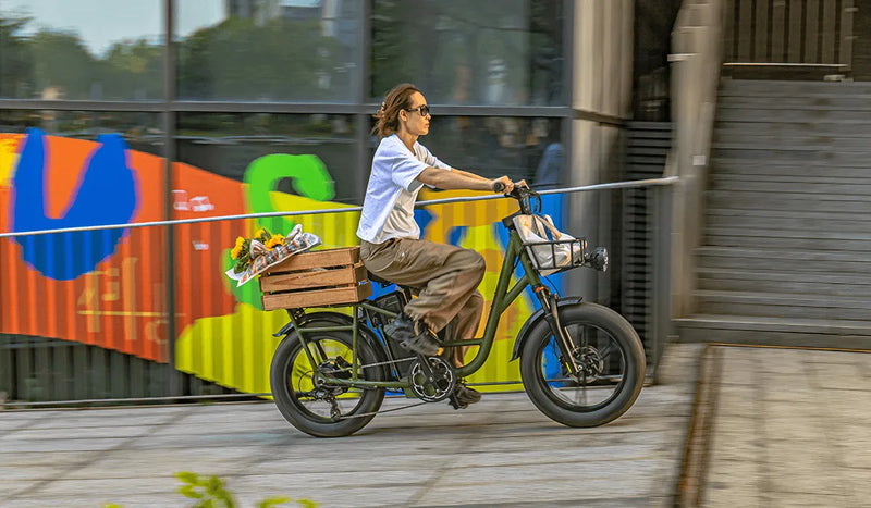 A woman is delivering goods on the street on a Fiido T1pro electric bicycle.