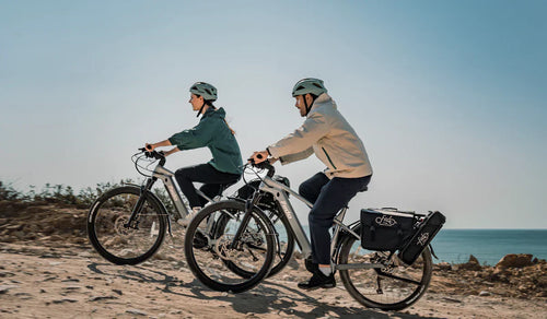 Un couple roule à bord de son Fiido Nomads Pro sur une route de montagne.