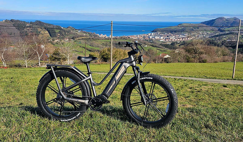 Une Fiido Titan posée dans un paysage vallonné avec une vue sur la mer.