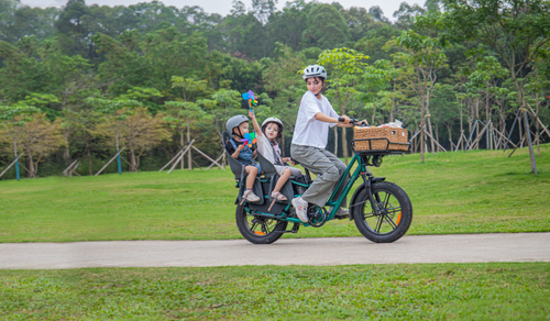 Une mère transporte son enfant sur un vélo électrique Fiido T2 Longtail Cargo lors d'un voyage au printemps.