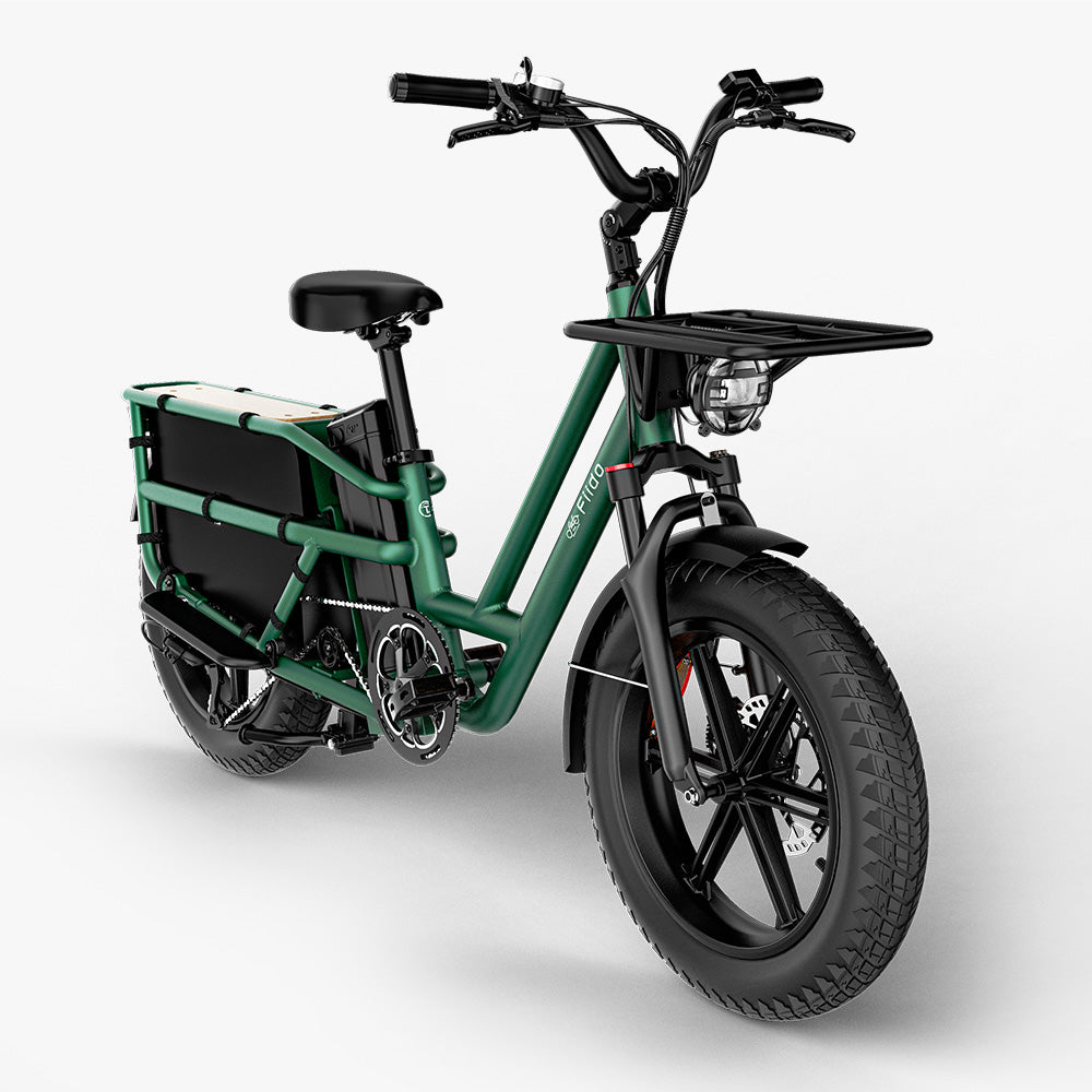 Vue de face du vélo électrique cargo à longue queue Fiido T2 Vert
